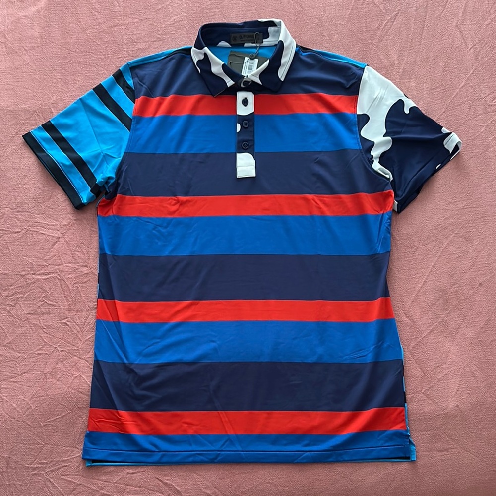 G/FORE Men’s Large Vibrant Blue and Red Striped Polo Shirt NWT
